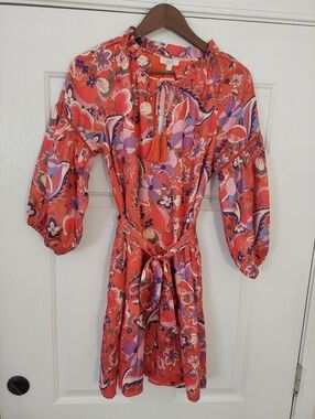JADE Floral Tie-Waist Boho Dress - Coral Multi SMALL